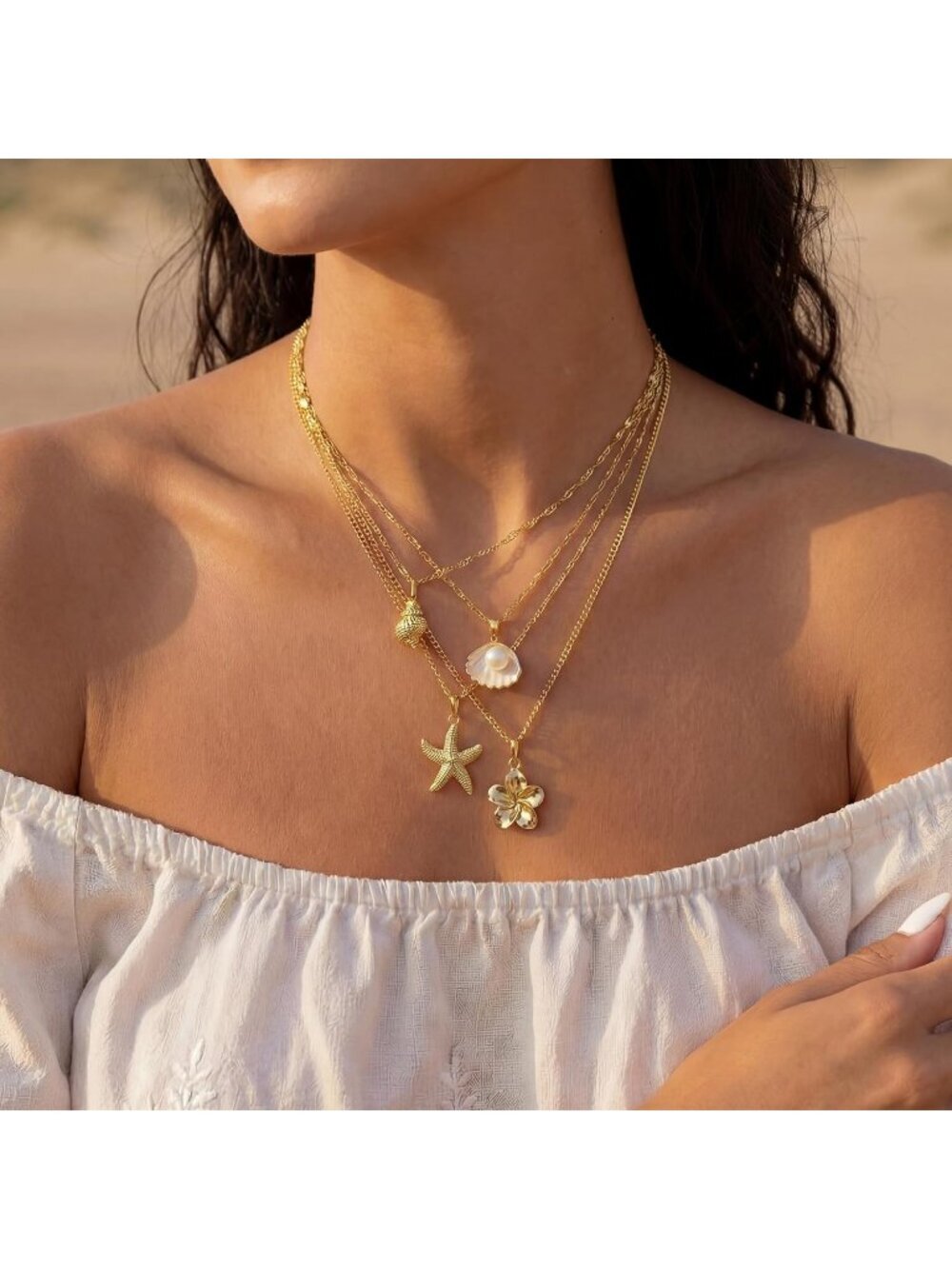 Women's Flower Glod Plated Layered Pendan Dainty Coastal Charm Starfish Necklace - Picture 3 of 7